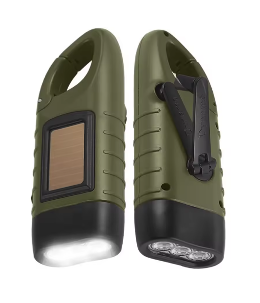 Portabel LED-ficklampa med solpanel & handvev – Nödlampa för camping och friluftsliv