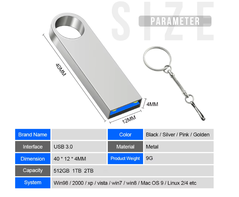 1TB USB 3.0 Flash Drive – Hög Hastighet, Vattentålig Lagringsenhet med Nyckelring